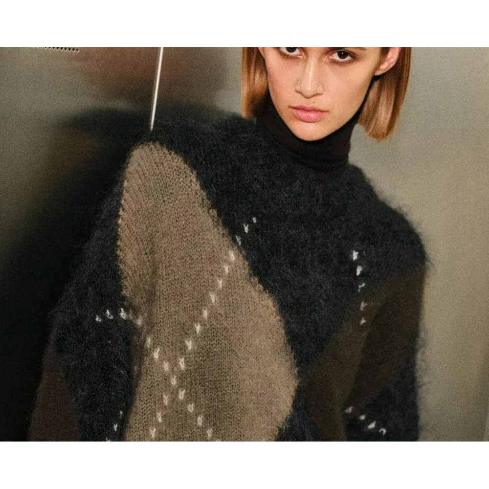 COS Mohair Wool Blend Argyle Sweater‎ Oversized Cropped Pullover Dark Grey XS